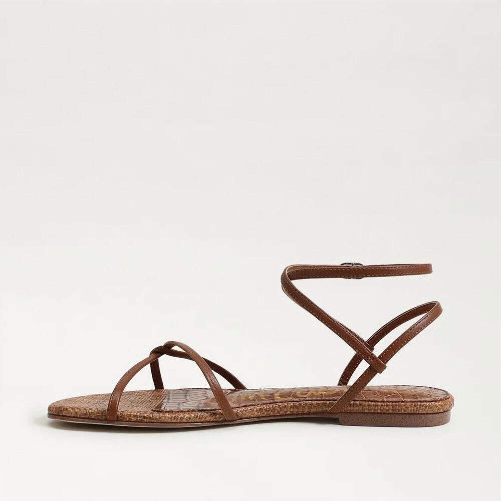NEW SAM EDELMAN women's ellina strappy flat sandal in rich cognac leather - Picture 3 of 7
